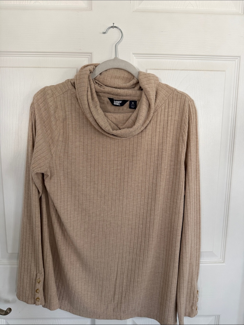 Lands' End Beige Ribbed Cowl Neck Sweater